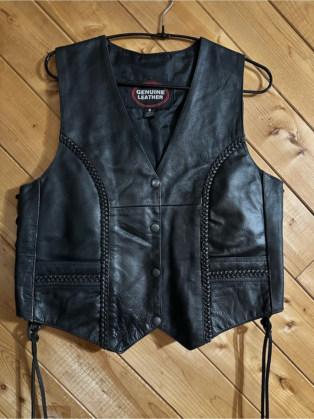 Women's Genuine Leather Black Braided Trim Biker Vest